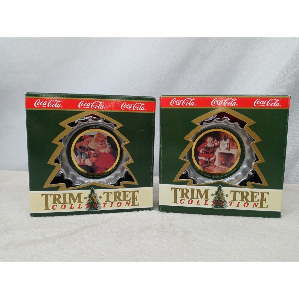 Lot of‎ 2 Vintage 1990 Coca-Cola Santa Ornaments Bottle Cap Trim-A-Tree NIB